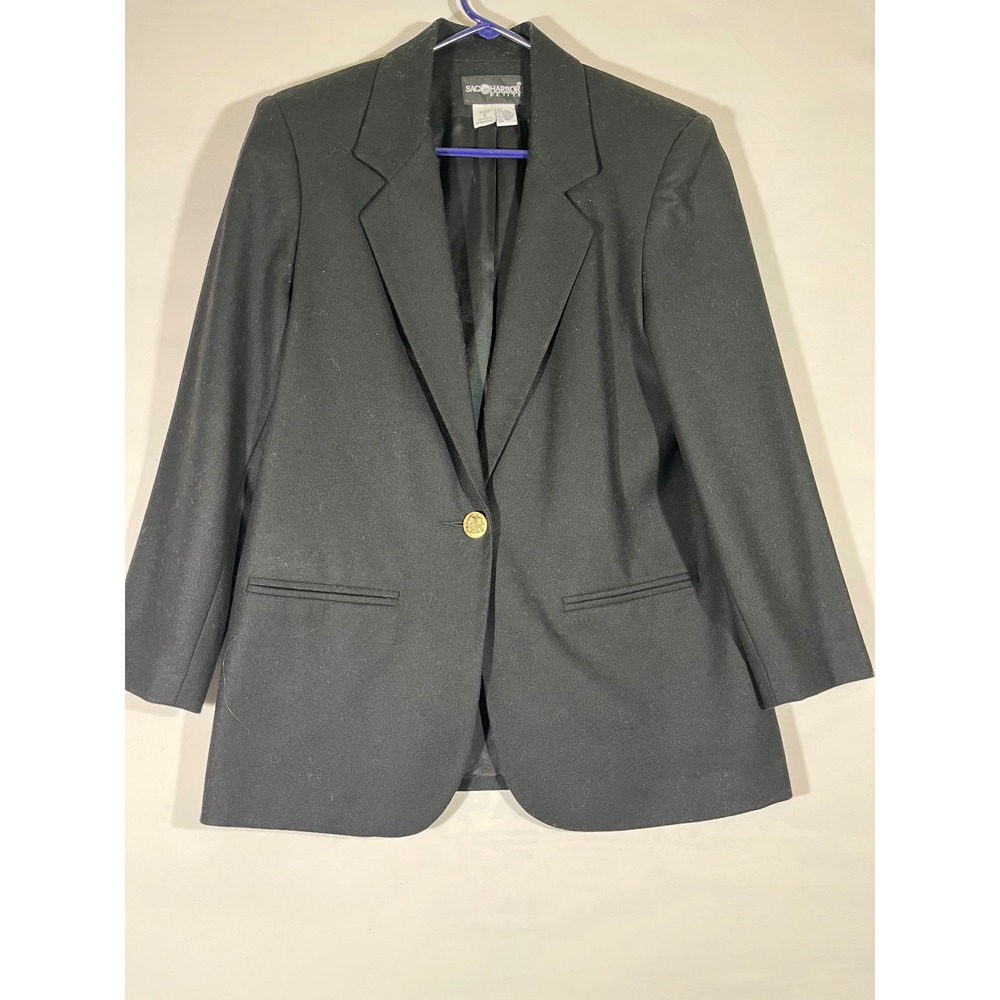 SagHarbor Petite 100% Wool Blazer Button Front Lapel Collar Classic Black 6P‎